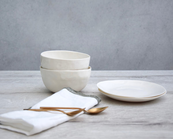 Breakfast bowl and plate set, white porcelain | Ready to ship