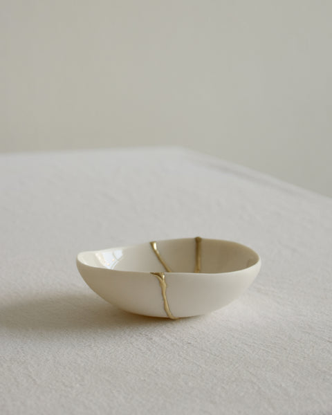 Kintsugi bowl, ring dish size, white porcelain and gold leaf | Ready to ship