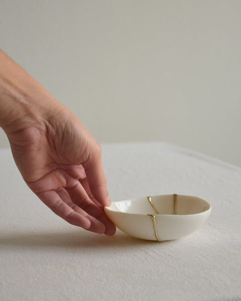 Kintsugi bowl, ring dish size, white porcelain and gold leaf | Ready to ship