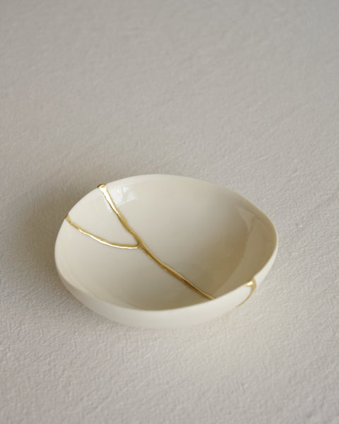 Kintsugi bowl, ring dish size, white porcelain and gold leaf | Ready to ship