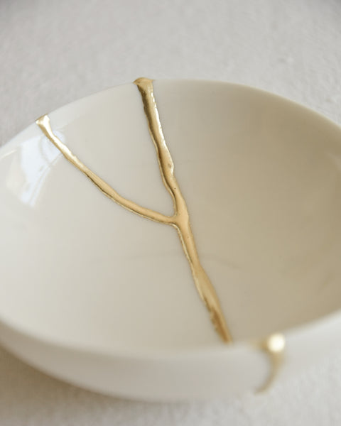 Kintsugi bowl, ring dish size, white porcelain and gold leaf | Ready to ship