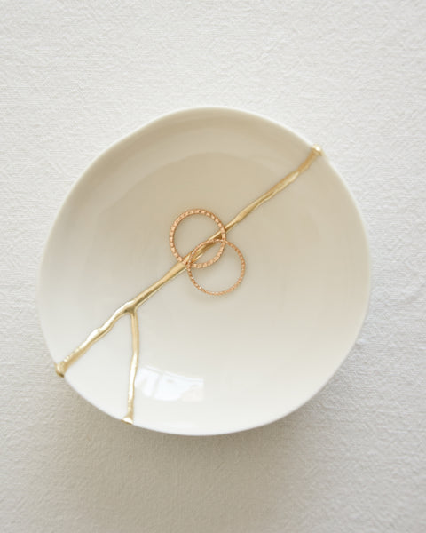 Kintsugi bowl, ring dish size, white porcelain and gold leaf | Ready to ship