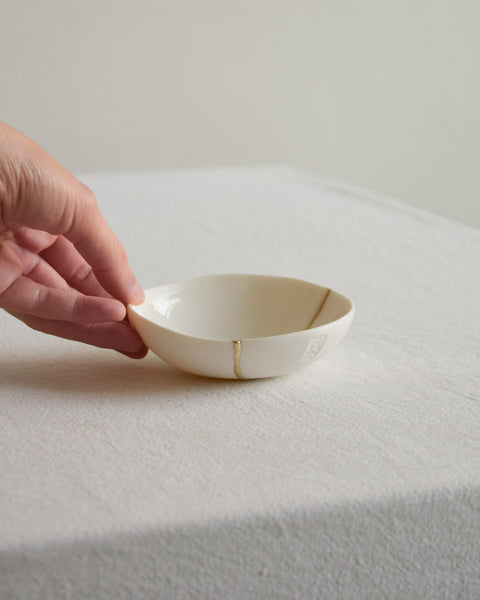 Kintsugi bowl, ring dish size, white porcelain and gold leaf | Ready to ship
