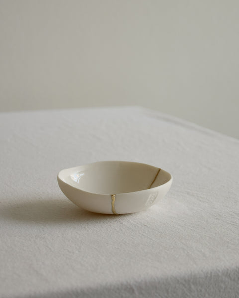 Kintsugi bowl, ring dish size, white porcelain and gold leaf | Ready to ship