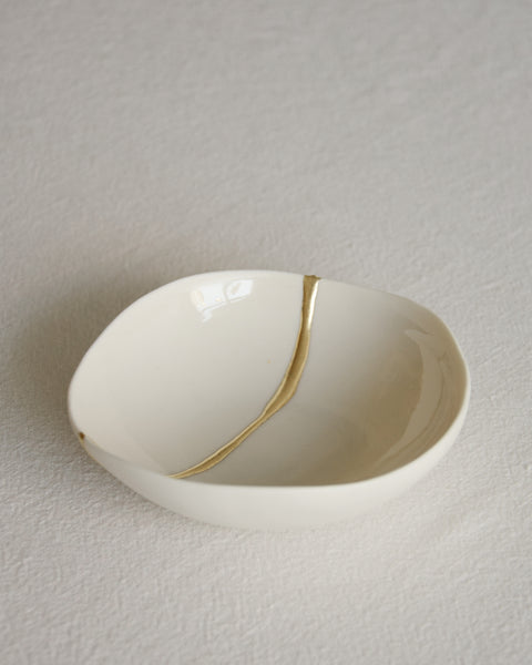 Kintsugi bowl, ring dish size, white porcelain and gold leaf | Ready to ship