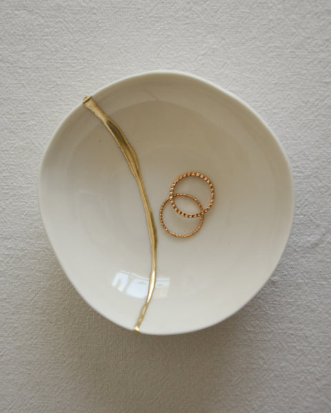 Kintsugi bowl, ring dish size, white porcelain and gold leaf | Ready to ship