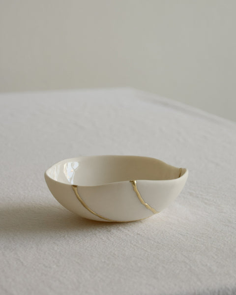 Kintsugi bowl, ring dish size, white porcelain and gold leaf | Ready to ship