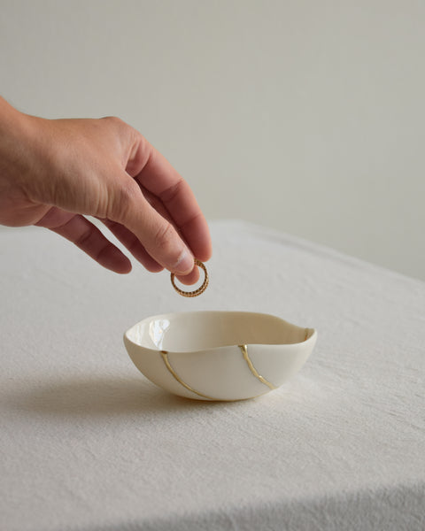 Kintsugi bowl, ring dish size, white porcelain and gold leaf | Ready to ship
