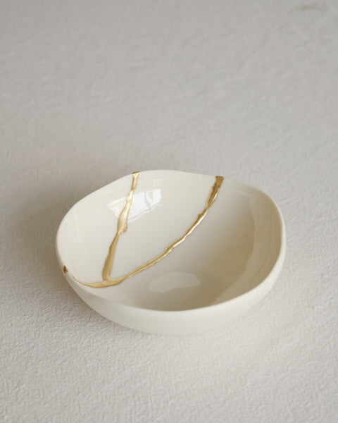 Kintsugi bowl, ring dish size, white porcelain and gold leaf | Ready to ship