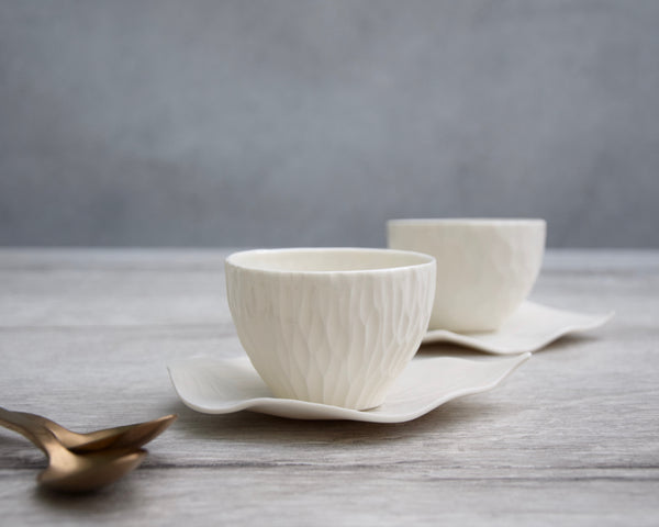 Espresso cup and leaf saucer, white porcelain | ready to ship