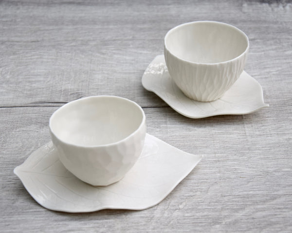 Espresso cup and leaf saucer, white porcelain | ready to ship