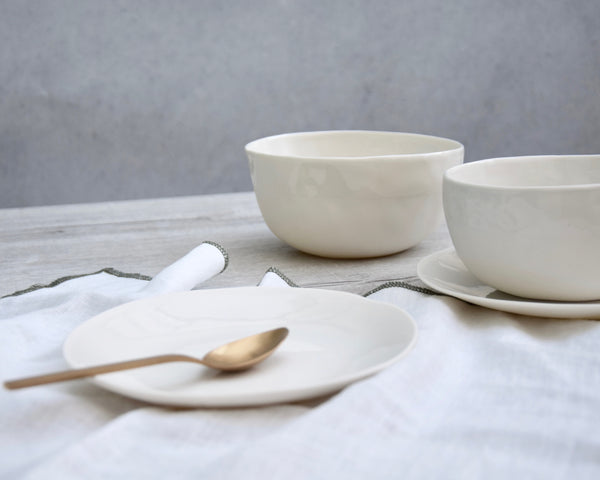 Breakfast bowl and plate set, white porcelain | Ready to ship