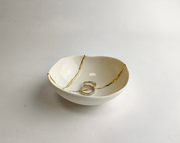 Kintsugi bowl, ring dish size, white porcelain and gold leaf | Ready to ship