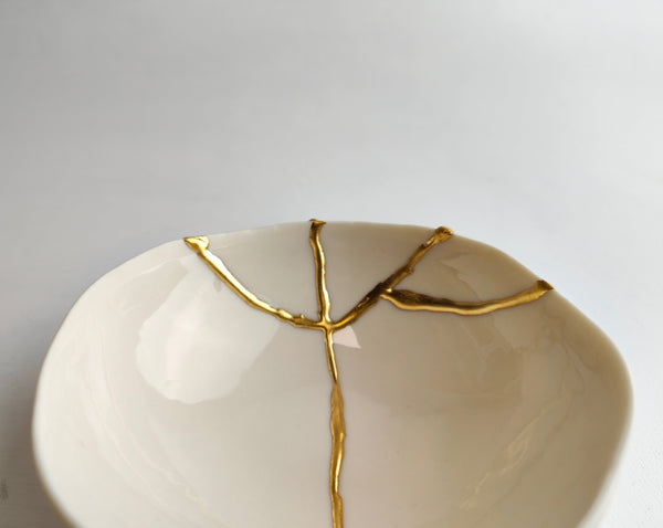 Kintsugi bowl, ring dish size, white porcelain and gold leaf | Ready to ship