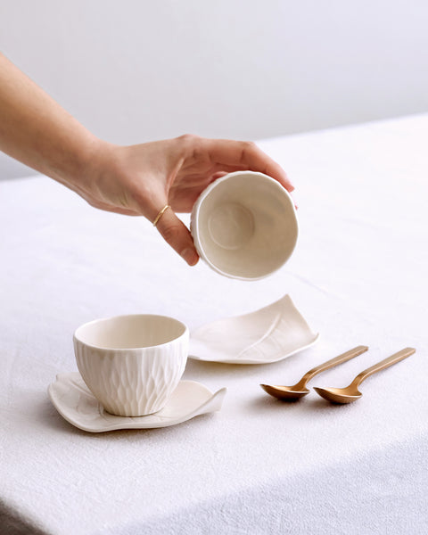 Espresso cup and leaf saucer, white porcelain | Ready to ship
