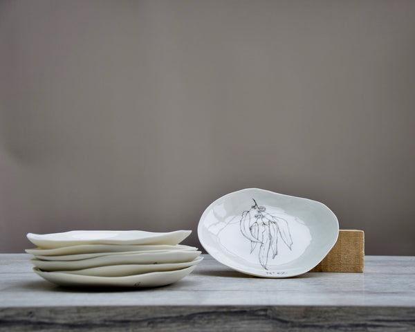 Eucalyptus dessert plates, handpainted white porcelain