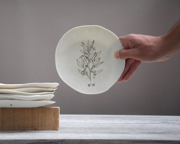 Eucalyptus dessert plates, handpainted white porcelain