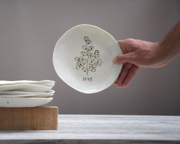 Eucalyptus dessert plates, handpainted white porcelain