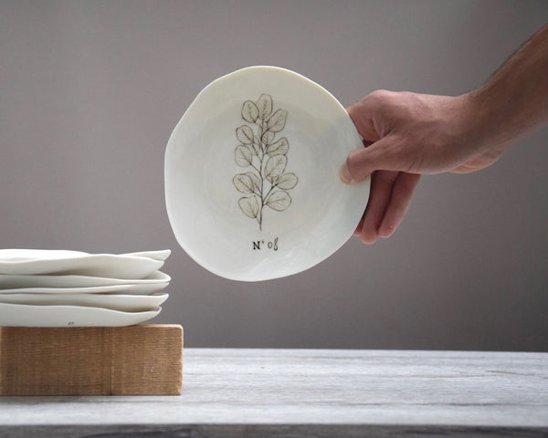 Eucalyptus dessert plates, handpainted white porcelain