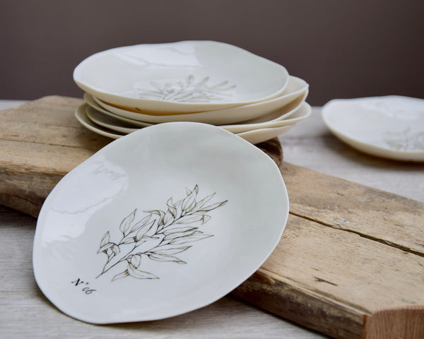 Eucalyptus dessert plates, handpainted white porcelain