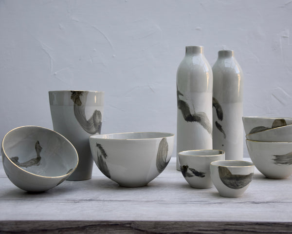 Cups, grey porcelain, Brushstroke series